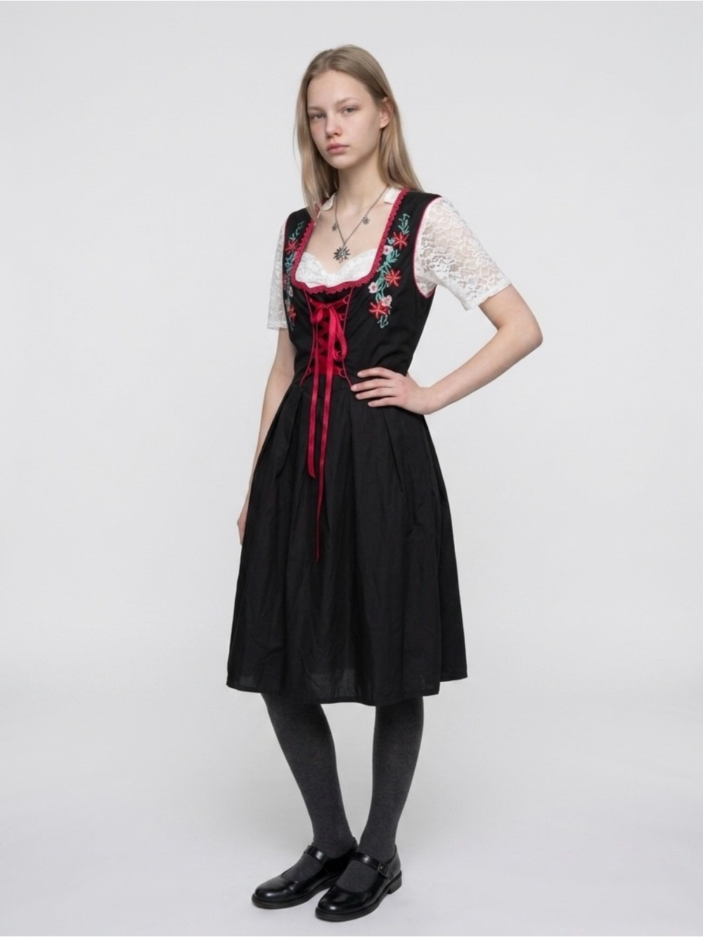 Black Midi Dress with Red Lace-Up and Floral Embroidery
